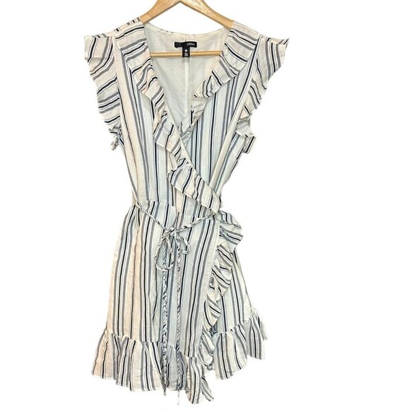 Aqua Ruffle Mini Wrap Dress Flutter Sleeve Navy White Striped Women's Size‎ M - Picture 3 of 10